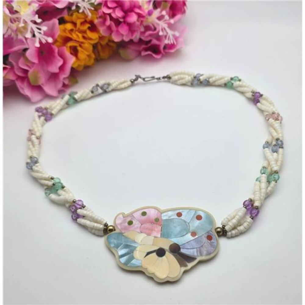 Vintage Shell Inlay Necklace Multi Strand Heshi Bead Abstract Floral Pendant 23"